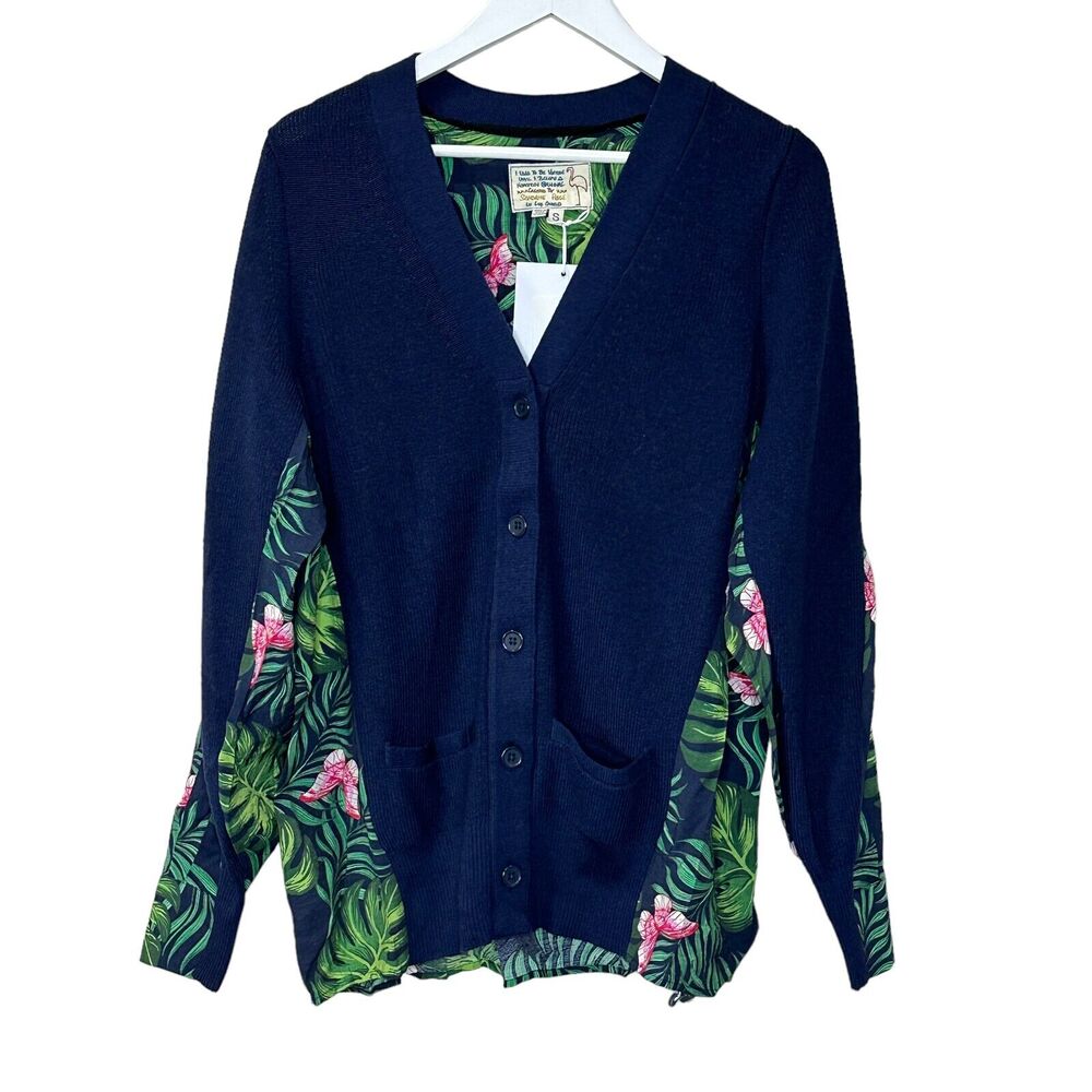 Sandrine Rose Butterfly Fern Mixed Media Wool Cardigan Sweater Women Small NWT